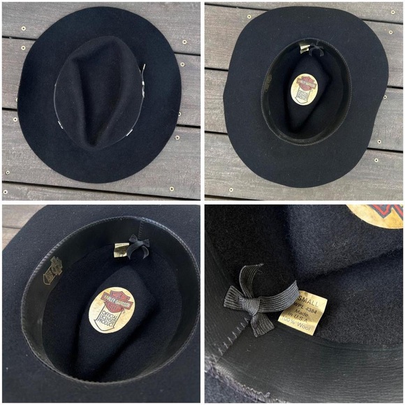 Vintage Black Wool Harley Davidson Cowboy Hat w/ Leather Strap Silver Buckle USA main image 7